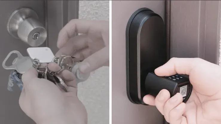 Hands holding a key ring and a smart lock keypad on a door.