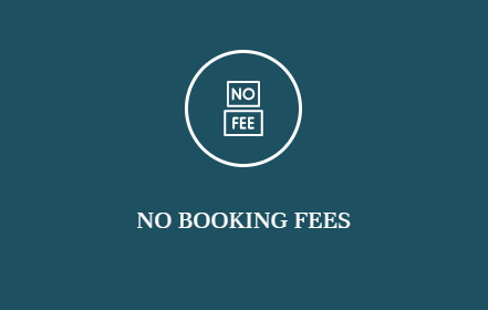 A sign that says no booking fees on a blue background