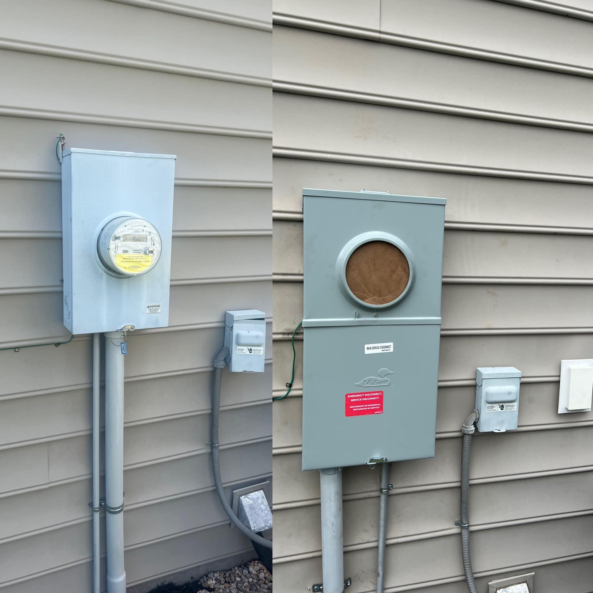 Two pictures of electrical boxes on the side of a house