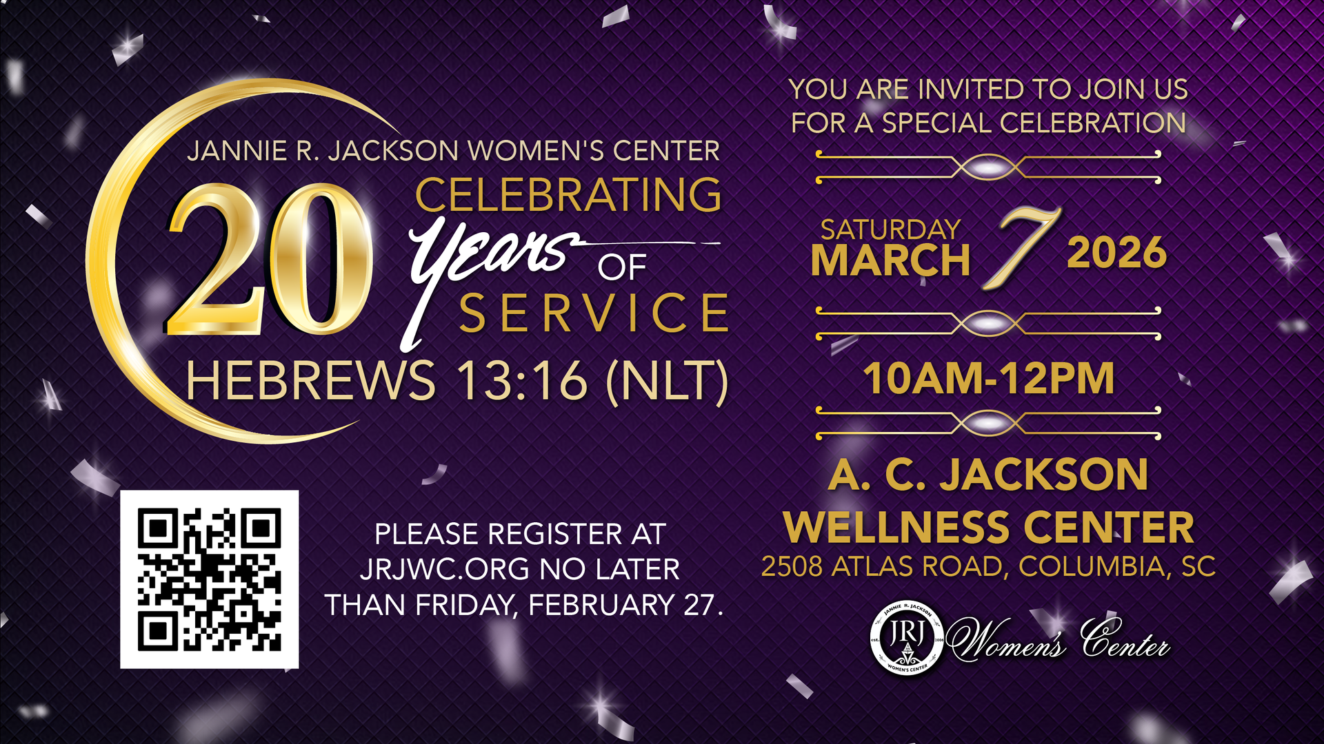 Digital invite for the Jannie R. Jackson Women's Center 20th anniversary on March 7, 2026, at A.C. Jackson Wellness Center.