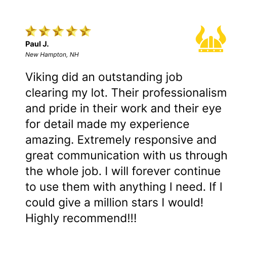 Customer review: Viking did an outstanding job clearing the lot. Five-star rating. Yellow Viking helmet logo.