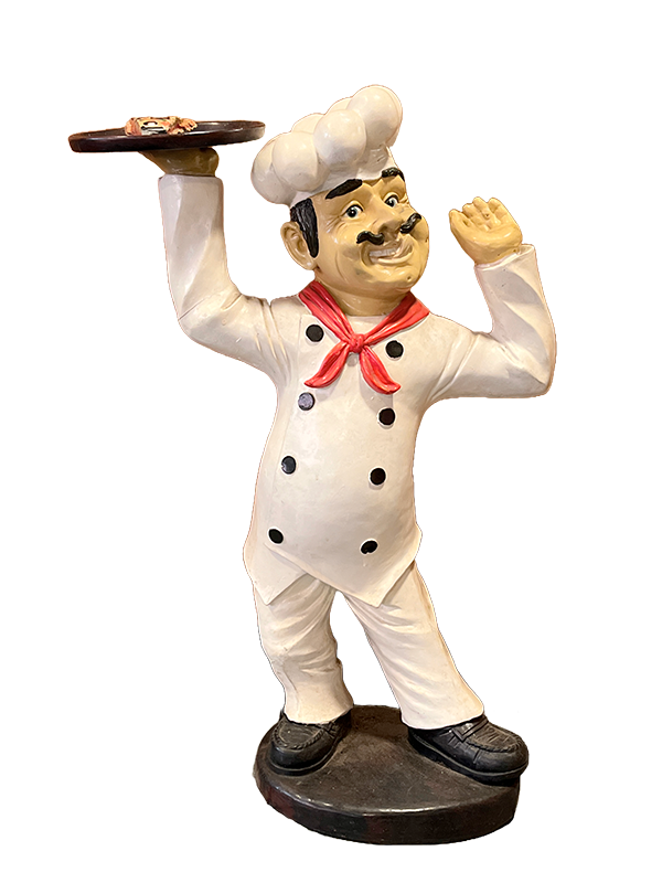 Italian chef statue carrying a pizza