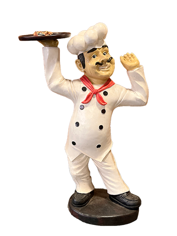 Italian chef statue carrying a pizza