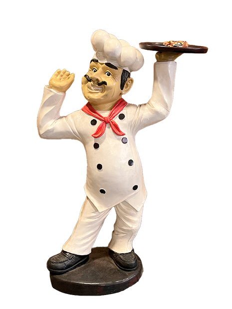 Italian chef statue carrying a pizza