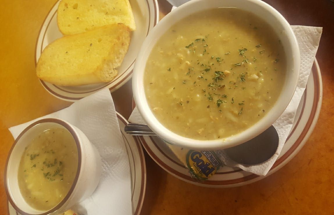 Greek lemon chicken soup and garlic bread
