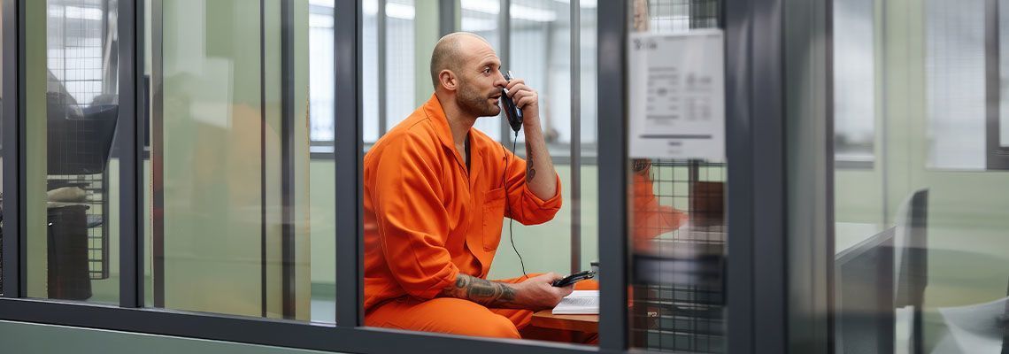 A bald man in an orange jumpsuit sits in a prison cell, talking on a telephone.