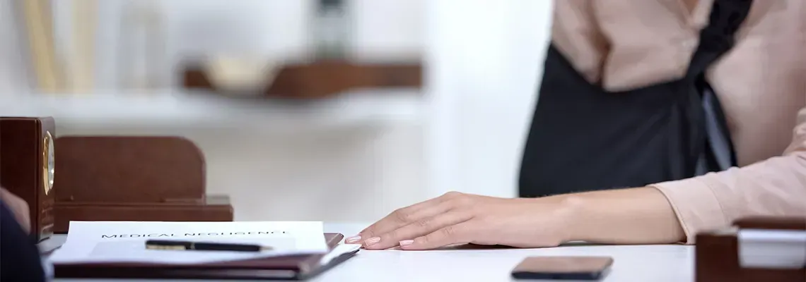 Person's hand on a desk, near a phone and papers. In an office setting.