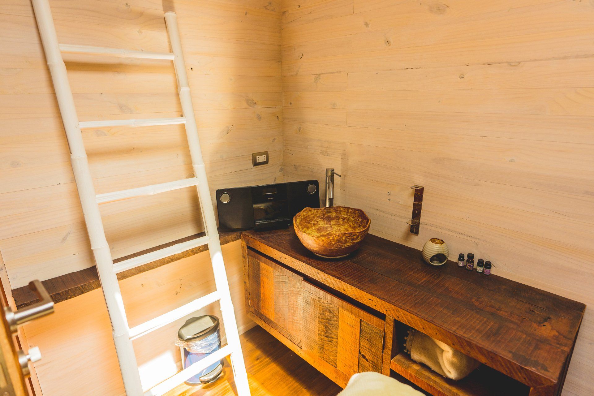 Wooden bathroom with sink, cabinets, and ladder to a loft.