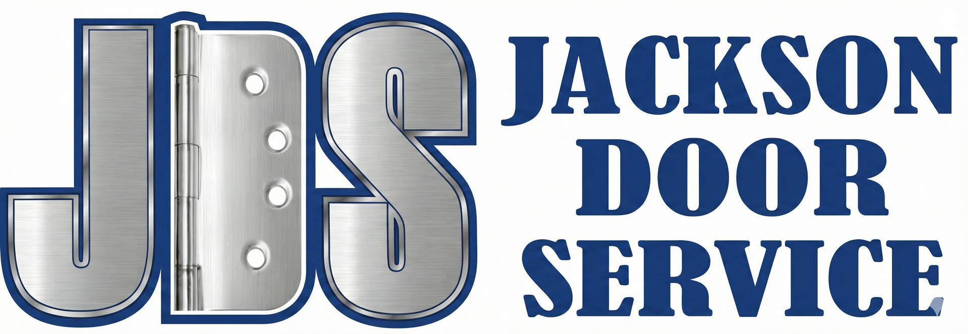 Logo for Jackson Door Service; silver JBS initials with a door hinge graphic, blue text 