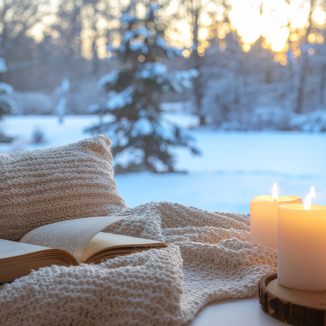 Candles glowing beside an open book and knitted blanket in a snowy winter scene at sunset