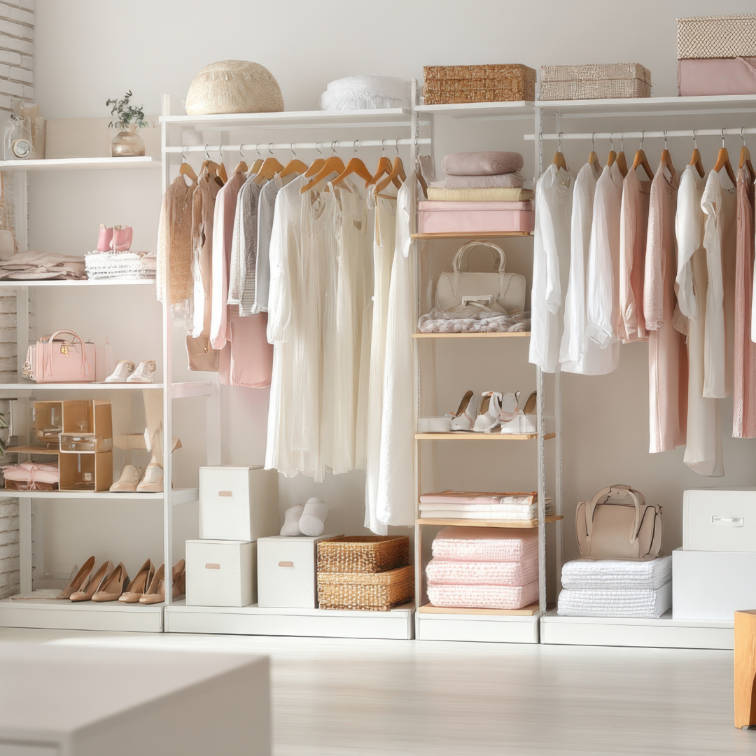 Neatly organized boutique closet with pastel dresses, shoes, and storage boxes on white shelves