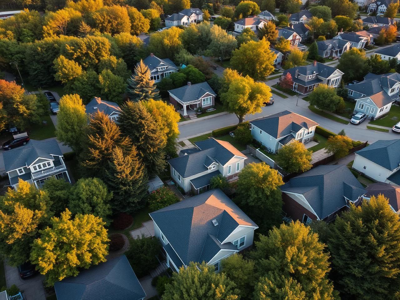 Aerial view of a suburban neighborhood with houses surrounded by dense green and orange trees.