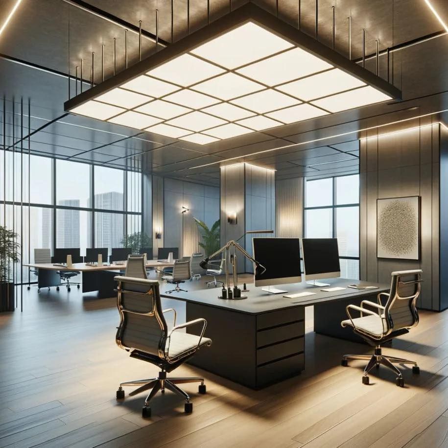 Modern office space with desks, chairs, computers, large windows, and a grid ceiling light.