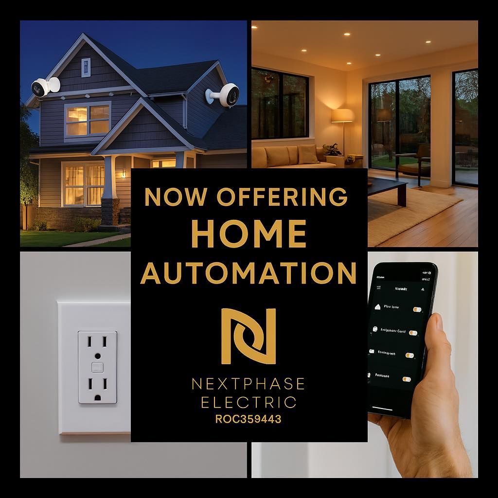 Ad for home automation: house with cameras, interior with lights, electrical outlet, phone app, NextPhase Electric logo.
