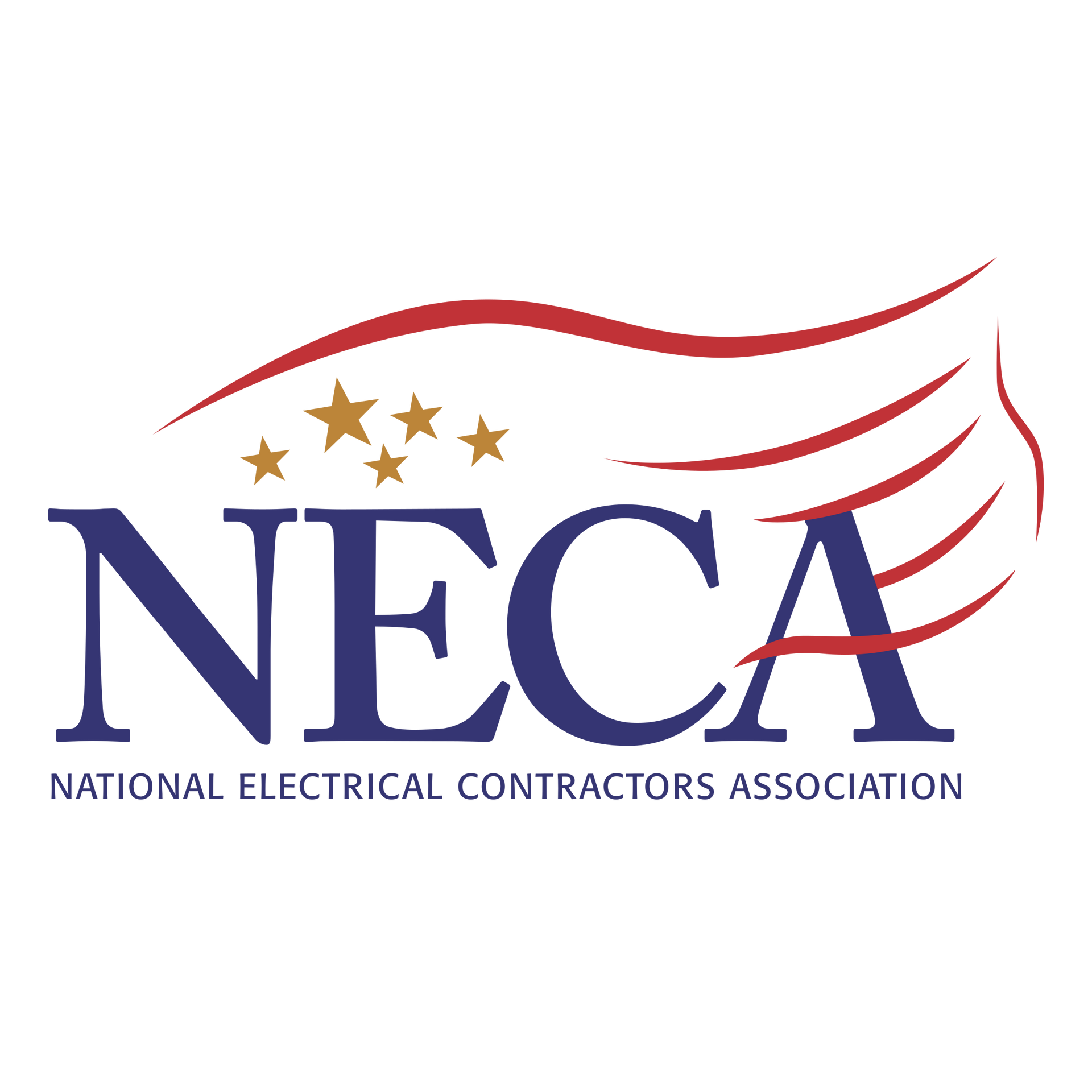 NECA logo with navy blue text, red and gold accents, and a winged design.
