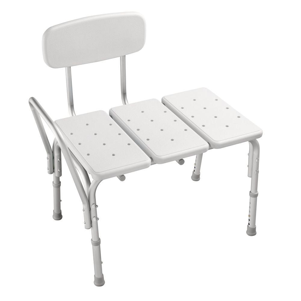 A white bath bench with three seats and a backrest on a white background.