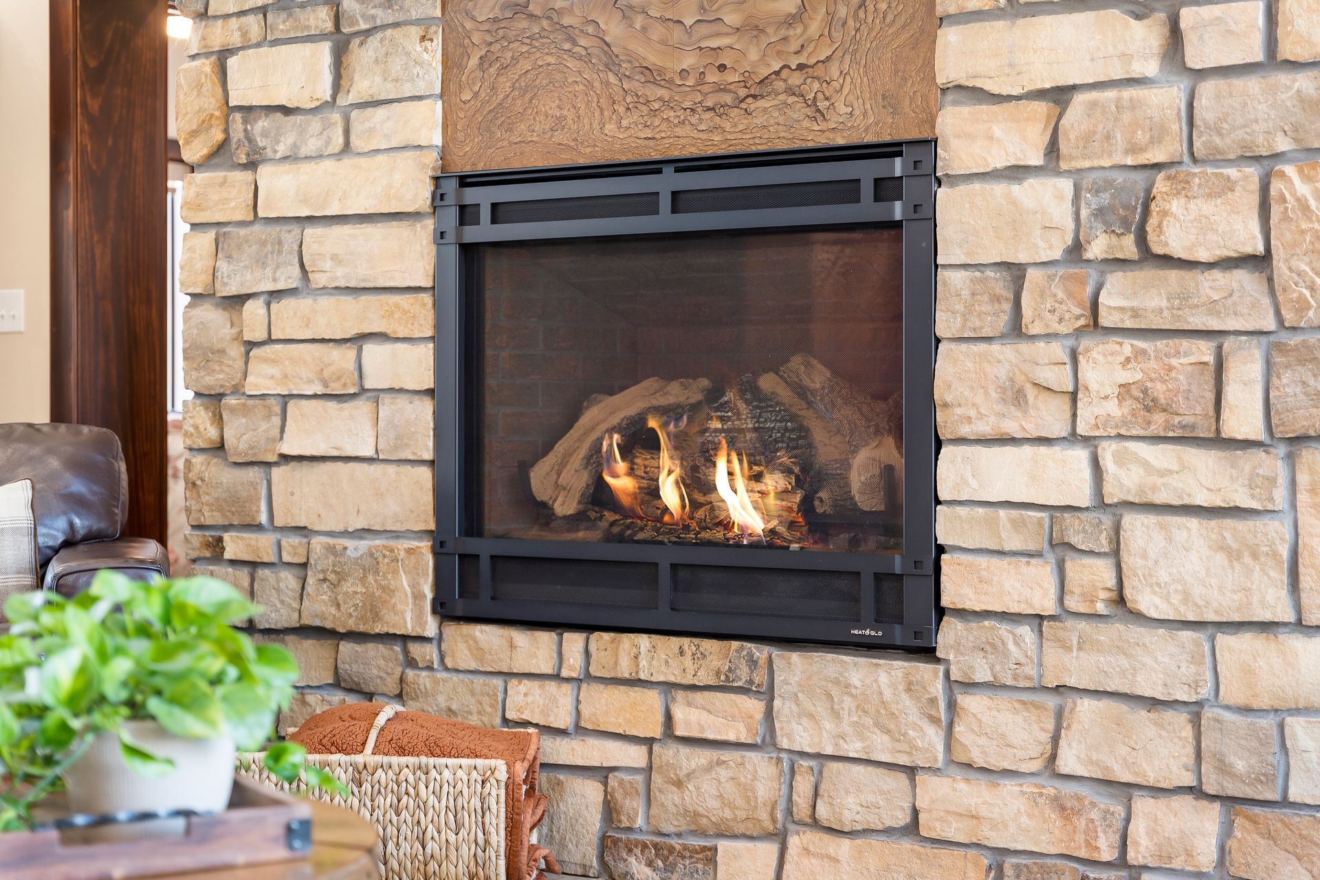 Stone gas fireplace in ICF custom home | Sparta, MO