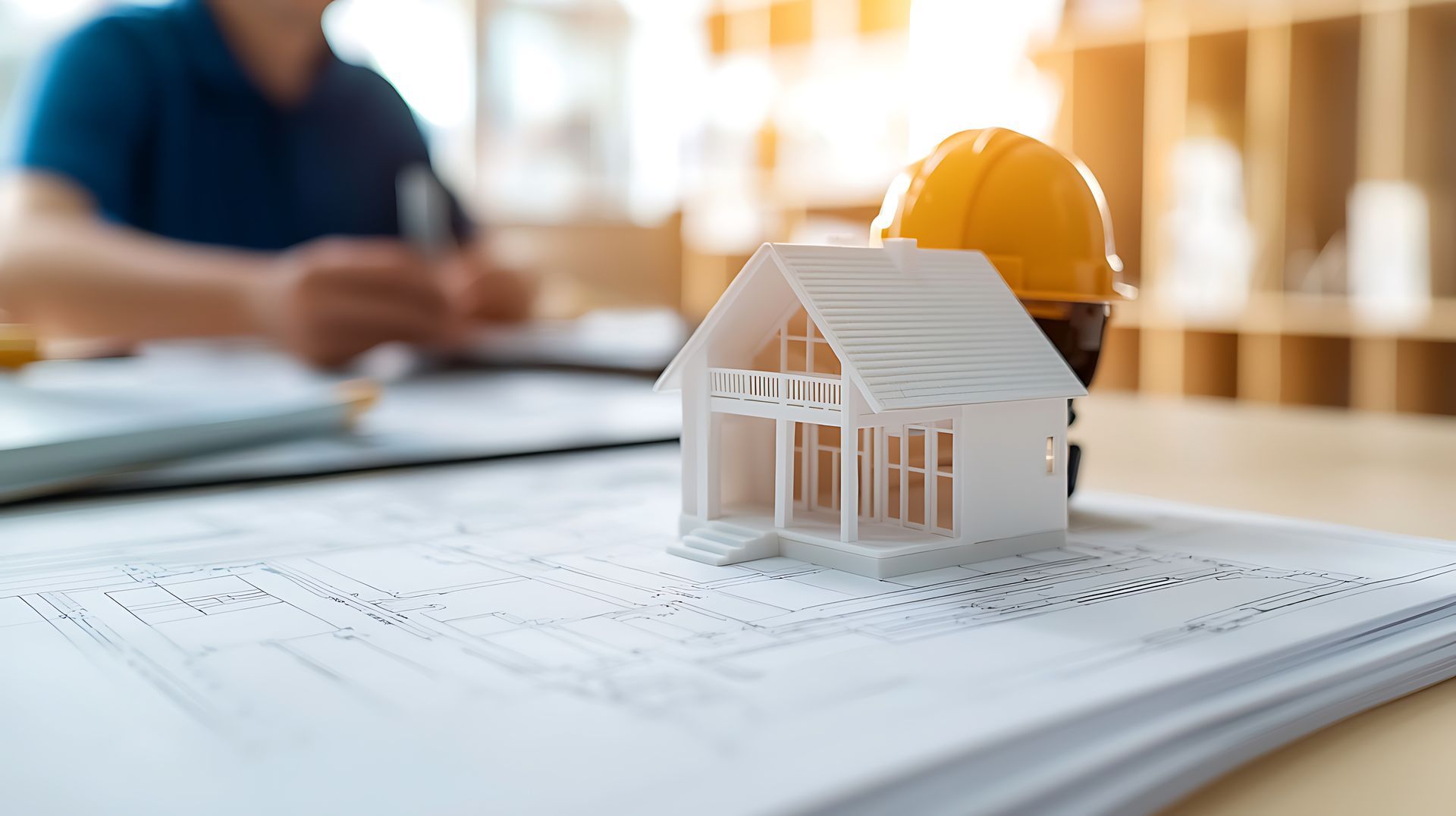 A model ICF house with a hard hat on top of a blueprint | Sparta, MO
