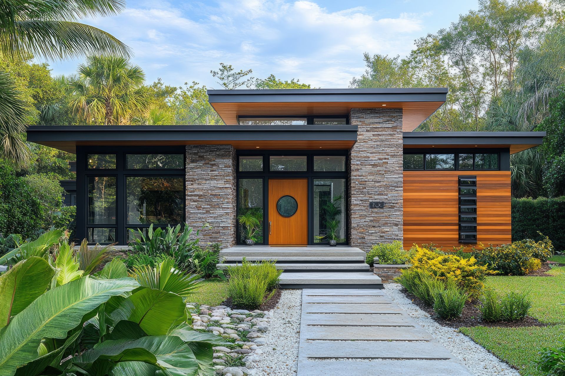 An ICF modern minimalist house with a wooden door and a stone roof is surrounded by trees | Rogers, AR