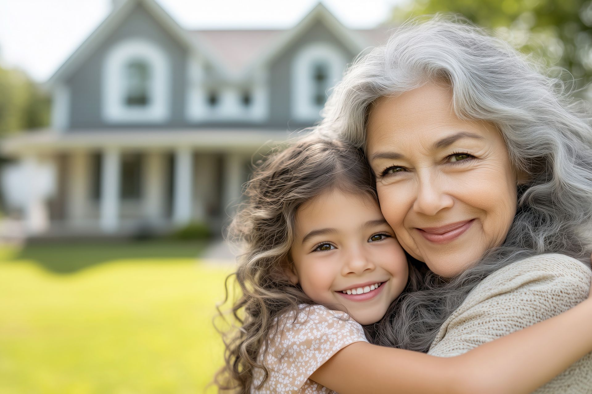An elderly woman is hugging a little girl in front of an ICF multigenerational home | Joplin, MO