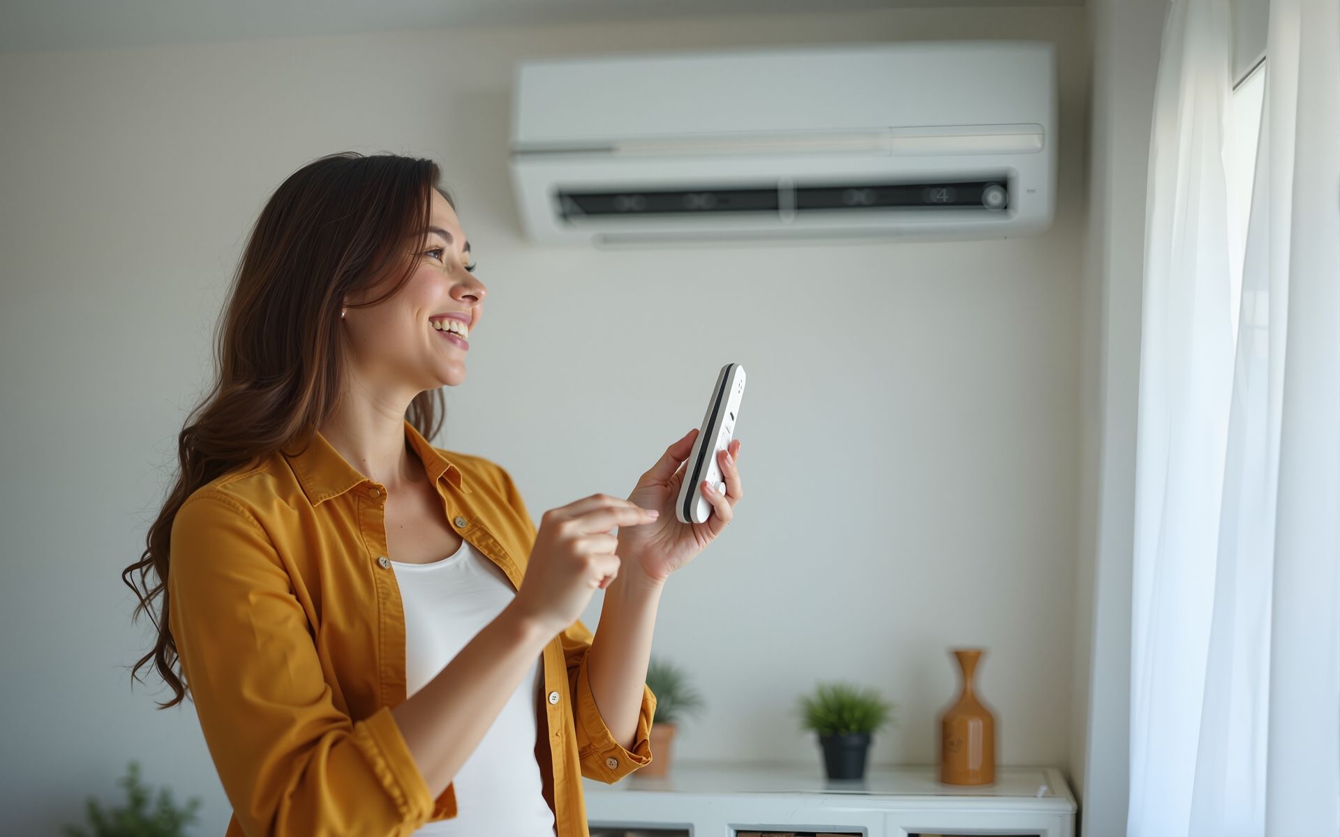 Women smiling with remote control for zoned mini split HVAC system | Springfield, MO