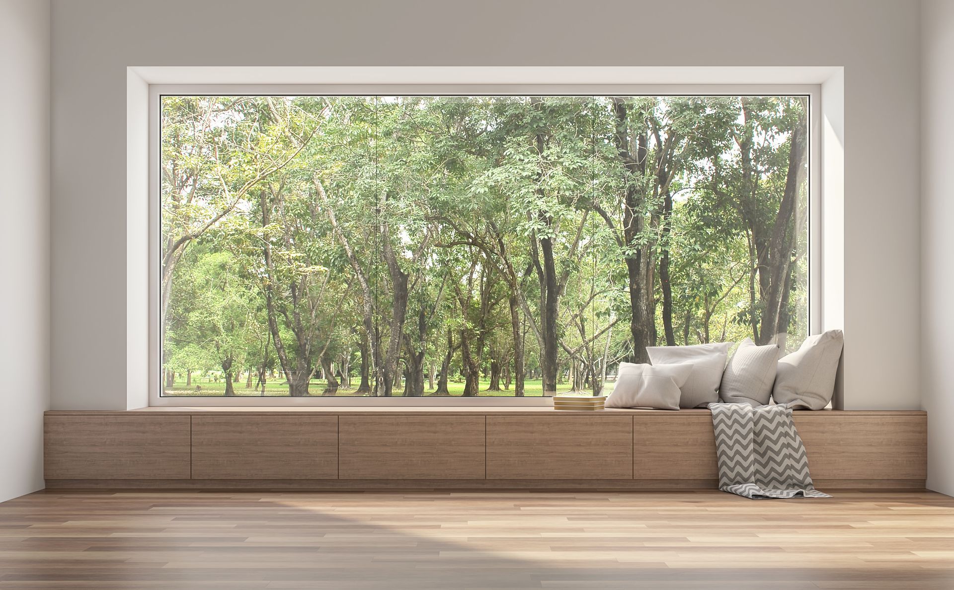 Large picture window overlooking trees with window seat | Springfield, MO