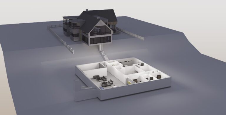 A 3d model of a house with a bunker below it - saferoom in MO & AR