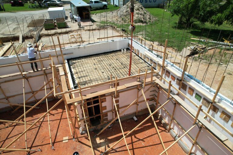 An aerial view of a building under construction- Saferoom with ICF construction in Republic MO