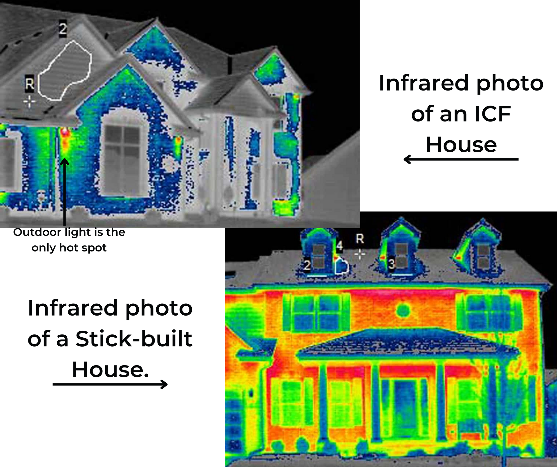 An infrared photo of a stick-built house | save on energy costs with icf construction for buildings in AR