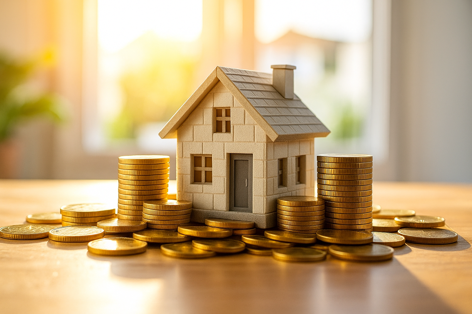 Investment property model home made with insulated concrete forms surrounded by stacks of gold coins