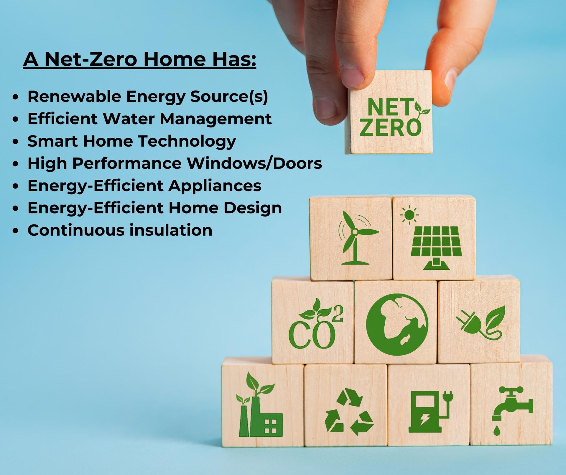 A hand is holding a wooden block that says net zero - eco friendly homes with icf services and home addition