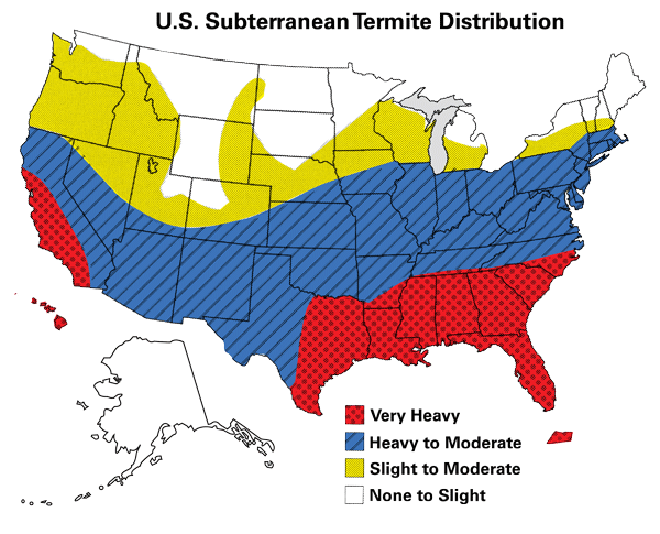 A map showing the u.s. subterranean termite distribution - ICF home builders in AR