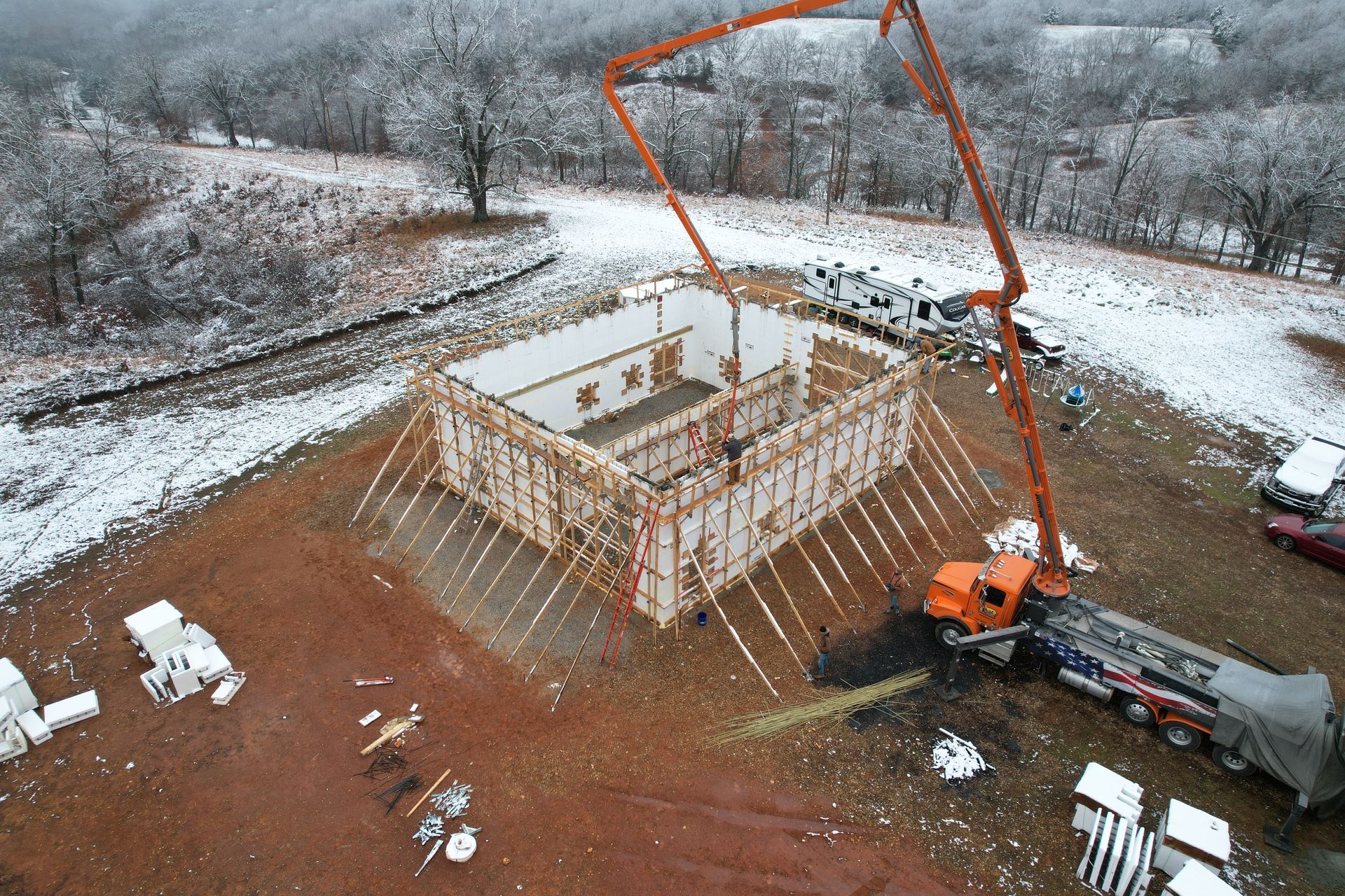 Insulated concrete forms poured with concrete in winter in the Ozarks | Ozark, MO