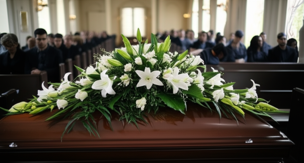 Casket with funeral flowers on top