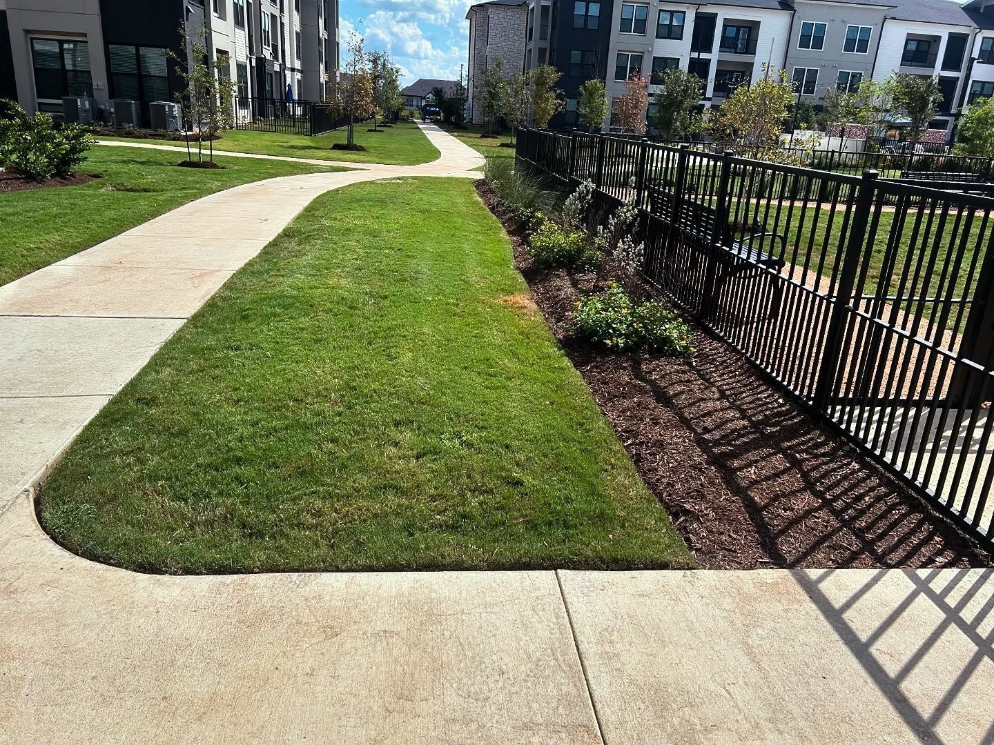 Path bordered by green grass and a black fence, leading toward apartment buildings.