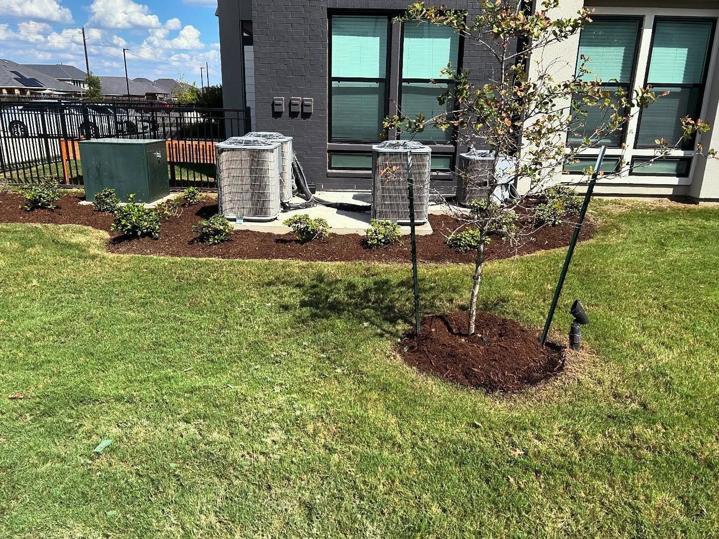 A backyard with a tree and landscaping, and air conditioning units next to a building.