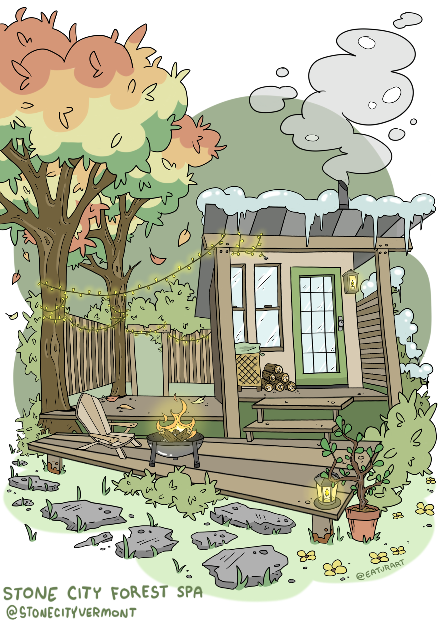 As you walk toward the forest sauna