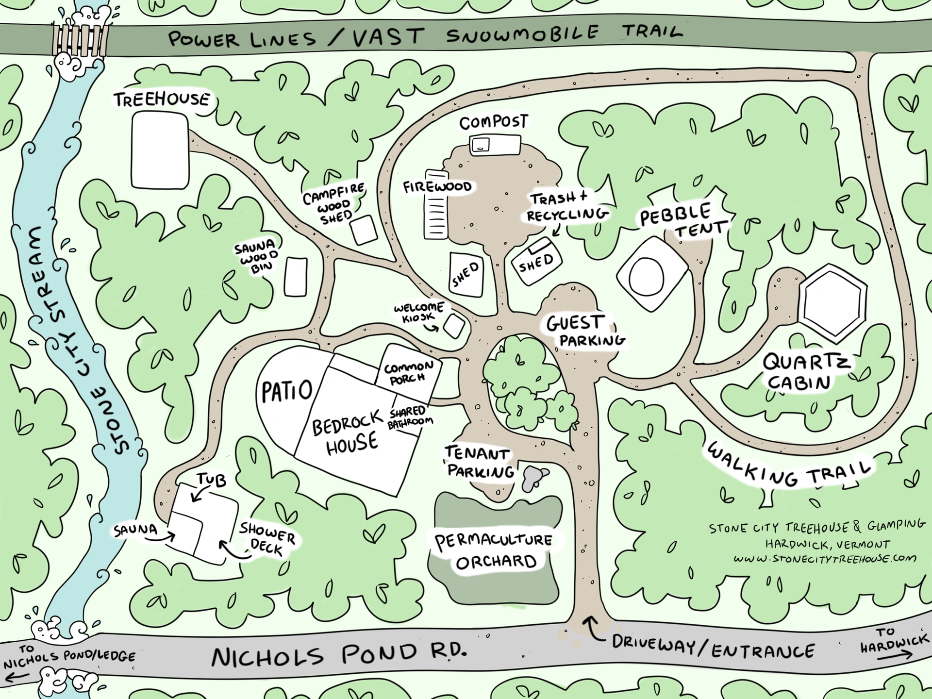 A dog laying in the doorway of the treehouse with its owners looking up at it. 