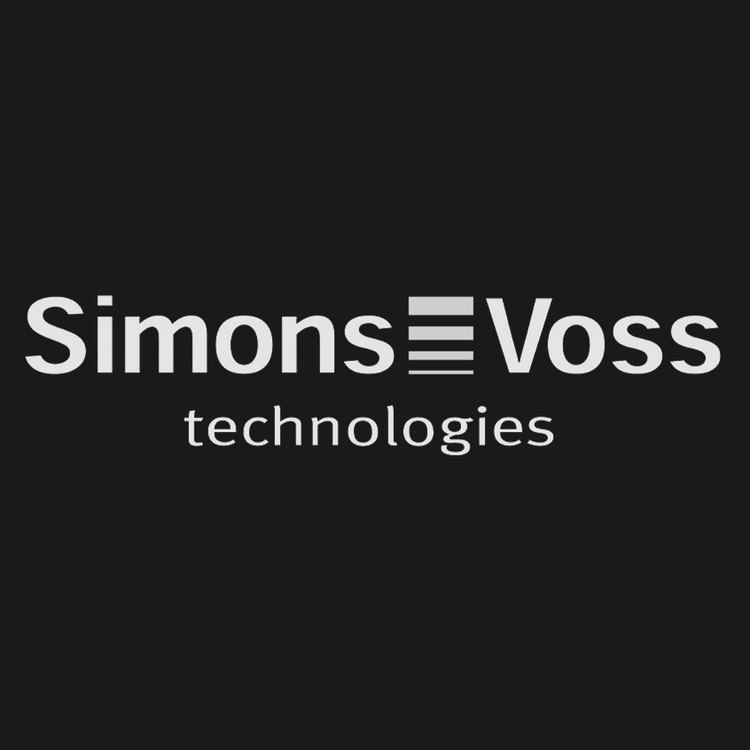 Logo of SimonsVoss technologies: white text on a black background.