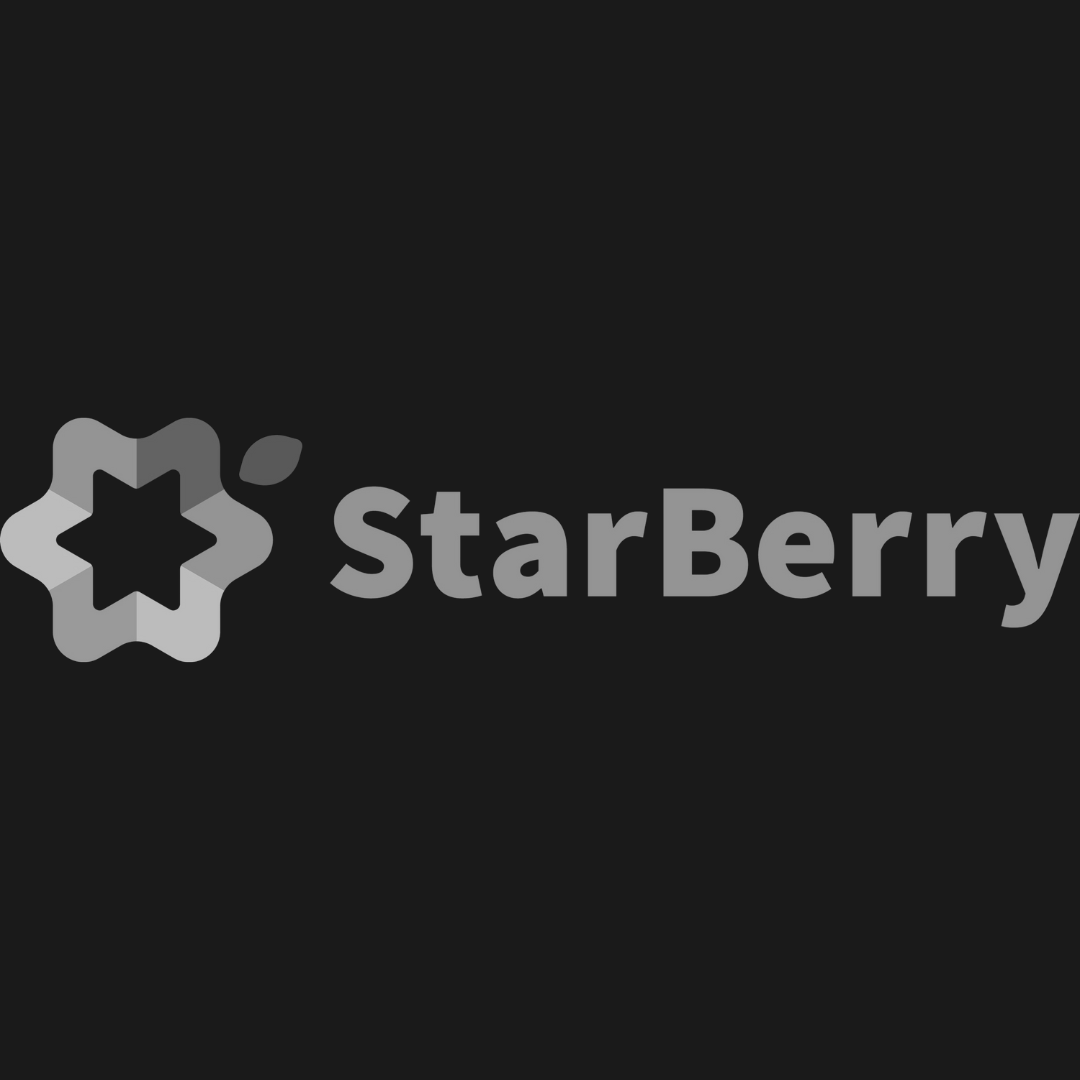StarBerry logo: grey star flower with leaf icon next to text, all on a black background.
