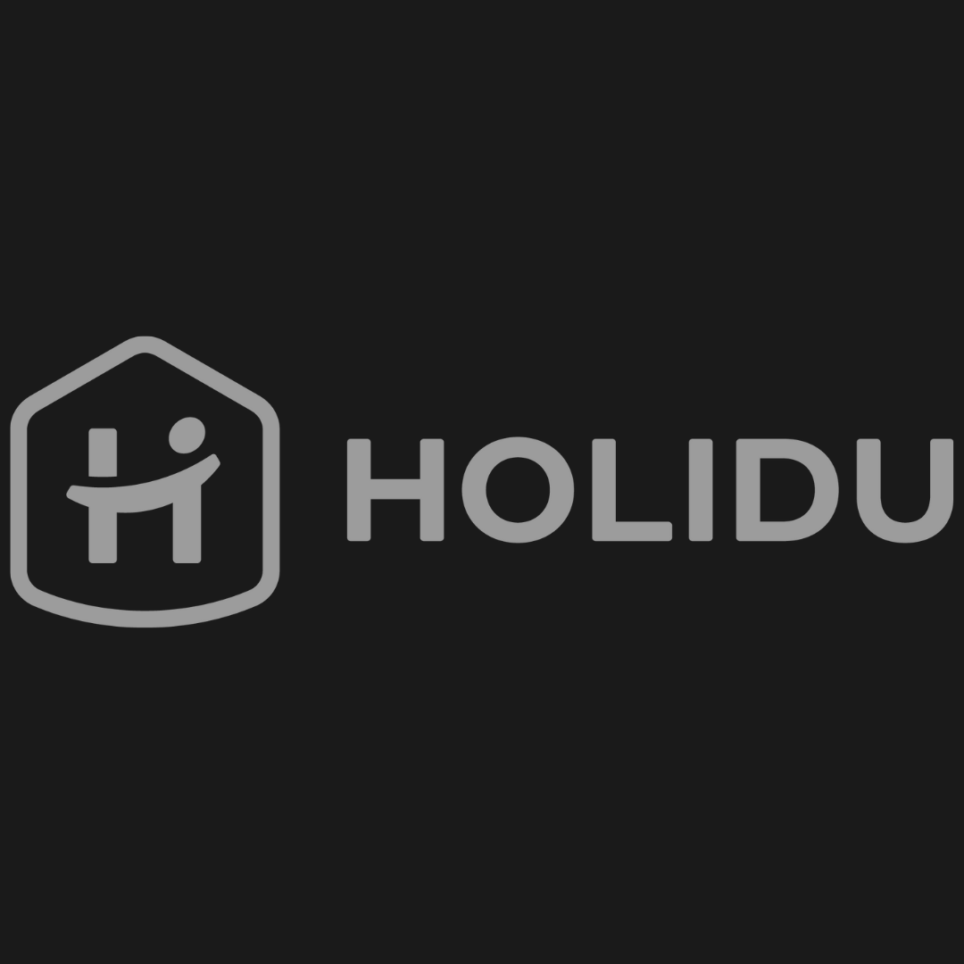 Holidu logo: gray stylized house with person inside, gray text 