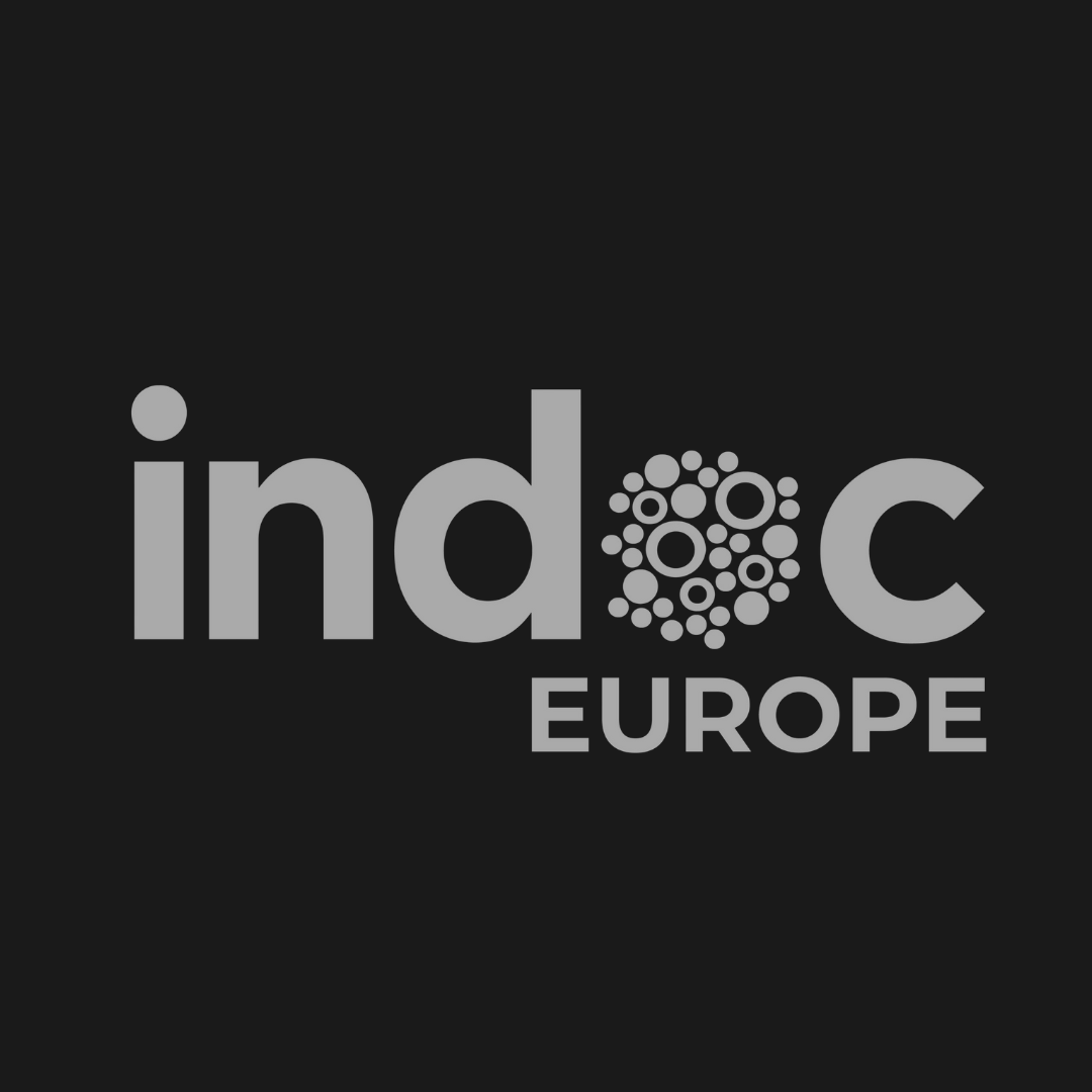 Logo for indoc EUROPE; grey text on black background; 