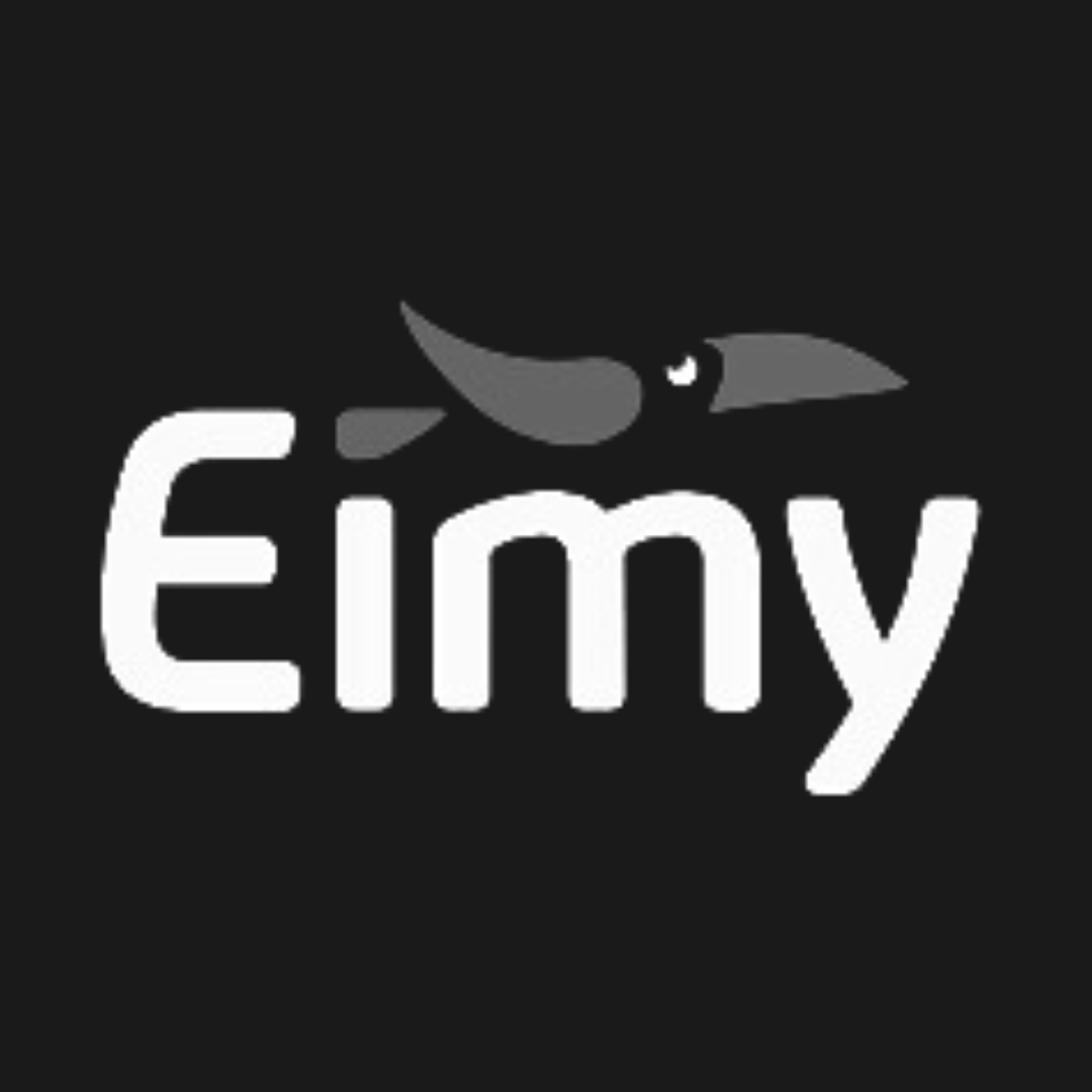 Eimy logo with a gray bird above white text on a black background.