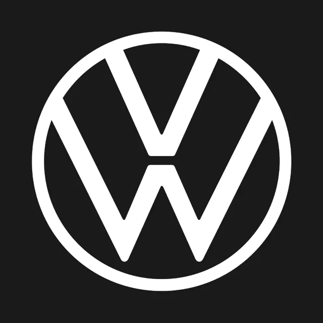 White Volkswagen logo on black background.