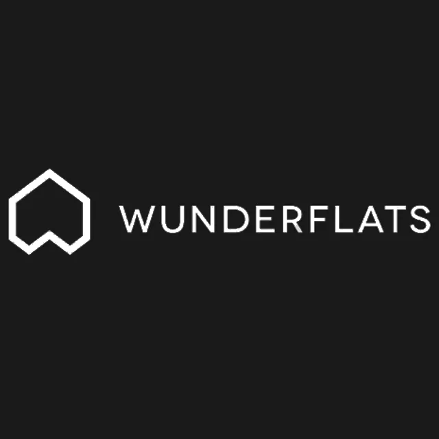 Wunderflats logo: white geometric house icon next to white text on a black background.