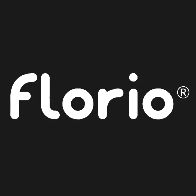Florio logo in white on a black background. The font is rounded.