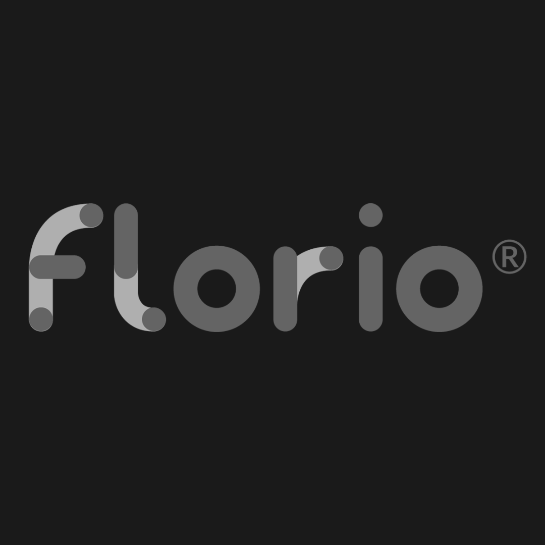 Florio logo in gray with stylized letters on a dark gray background.