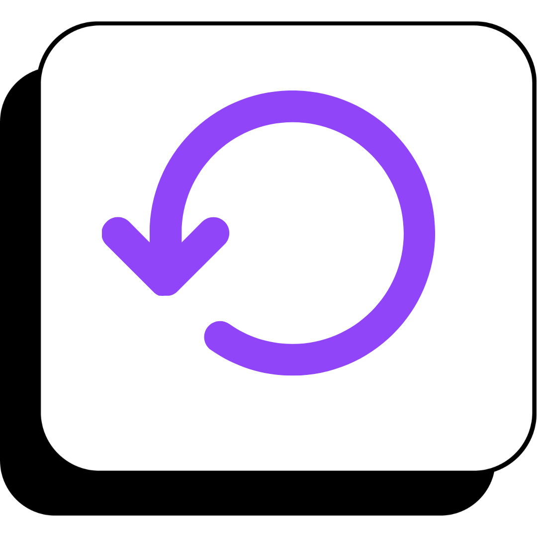 Purple circular arrow icon in a white square with a black shadow.