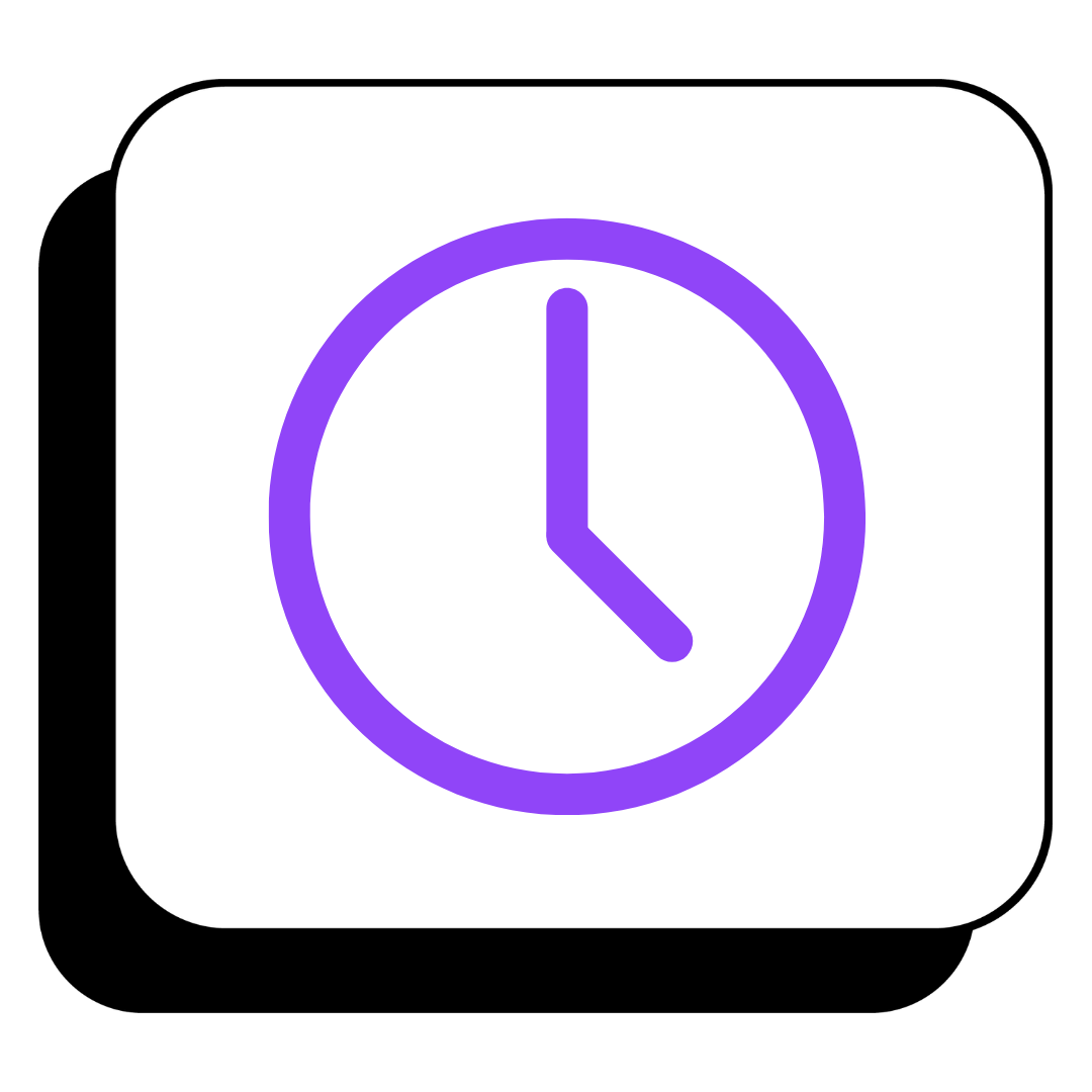 Purple clock icon, set at 4 o'clock, on a white square with a black shadow.