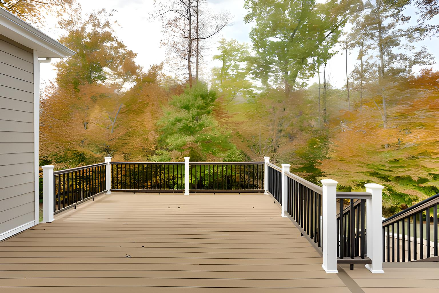 Deck with black railing, white posts renovated by quality affordable construction llc, overlooking trees with fall foliage in galloway township, nj
